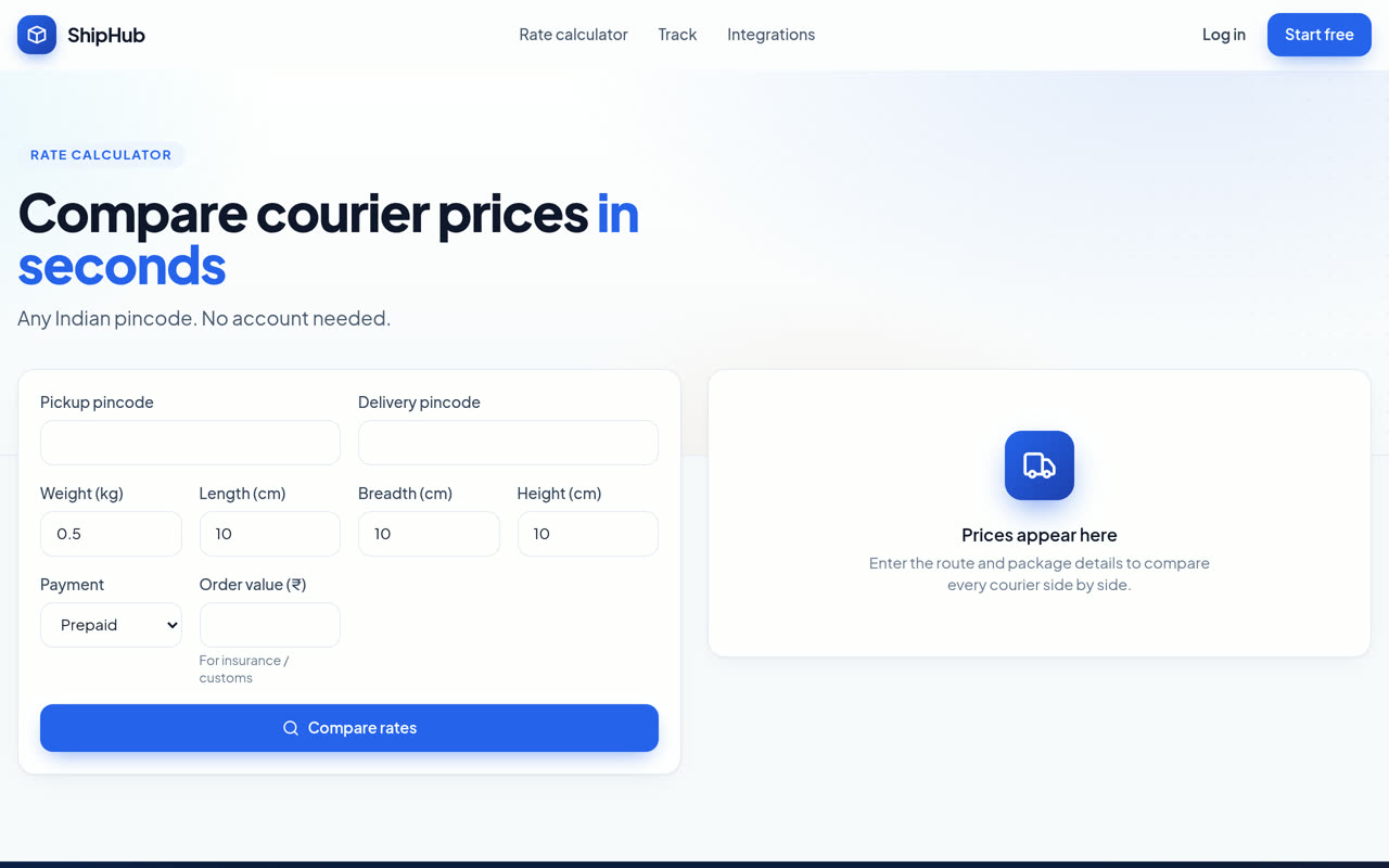 ShipHub rate calculator comparing courier prices by pincode and weight