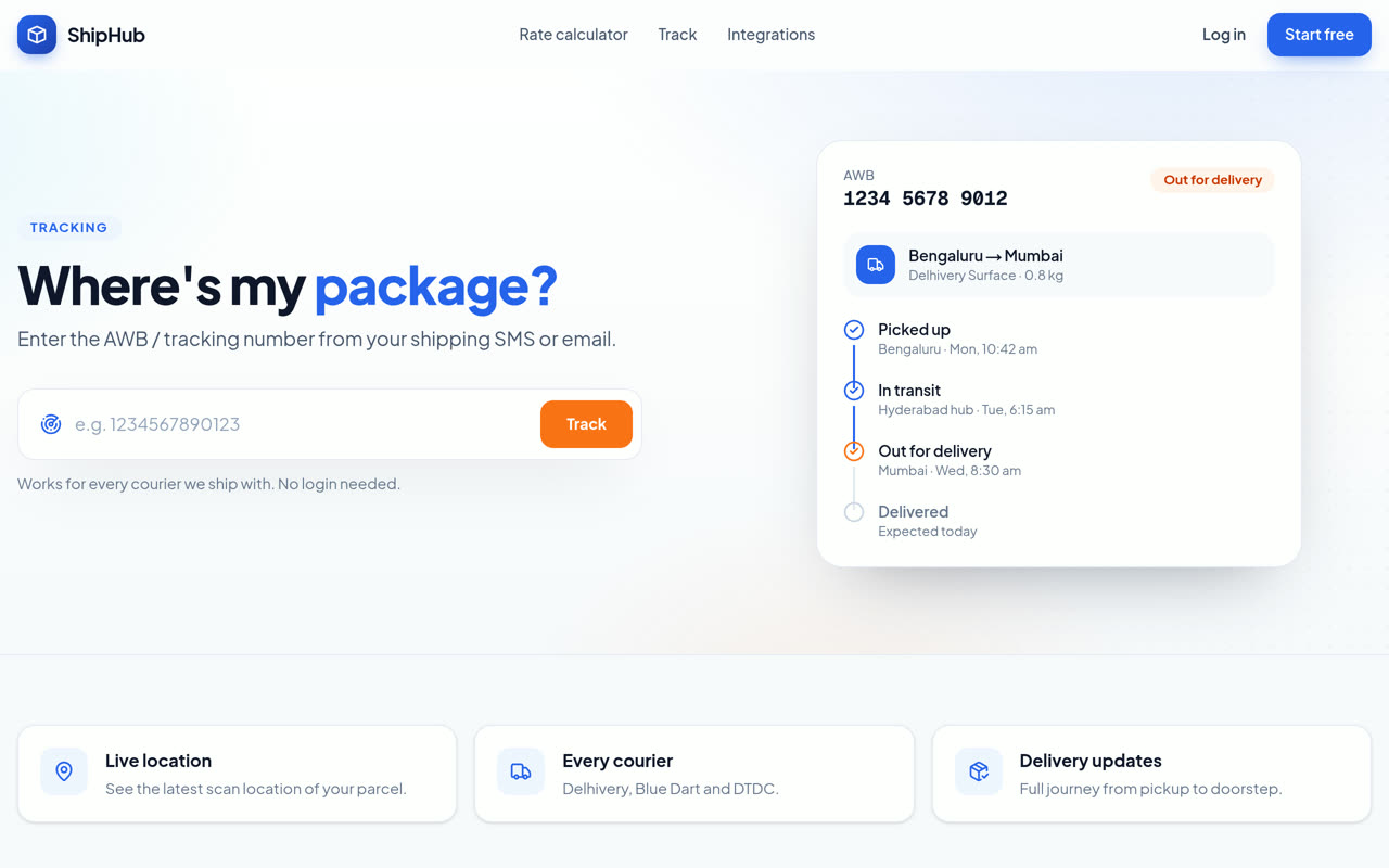 ShipHub public shipment tracking page with scan timeline