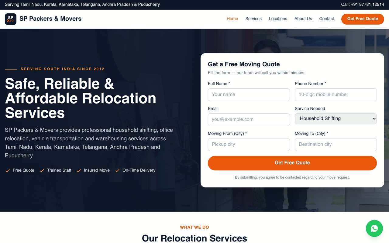 SP Packers & Movers homepage